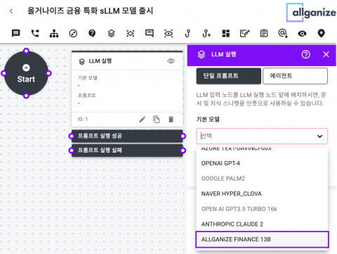 올거나이즈 알리 플랫폼 내 LLM 세팅 화면